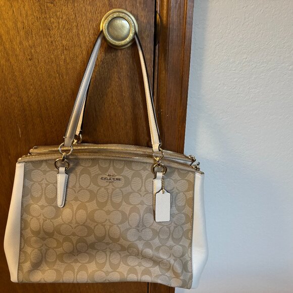 Coach Signature Leather Gallery Tote Ivory Tan Shoulder Bag Purse